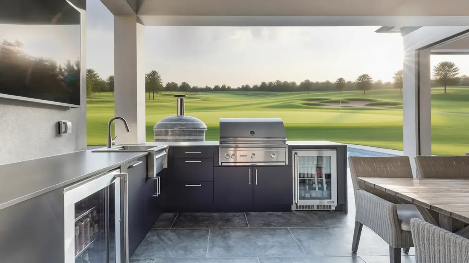Outdoor kitchen with a built-in grill and stone countertop in Orlando, FL